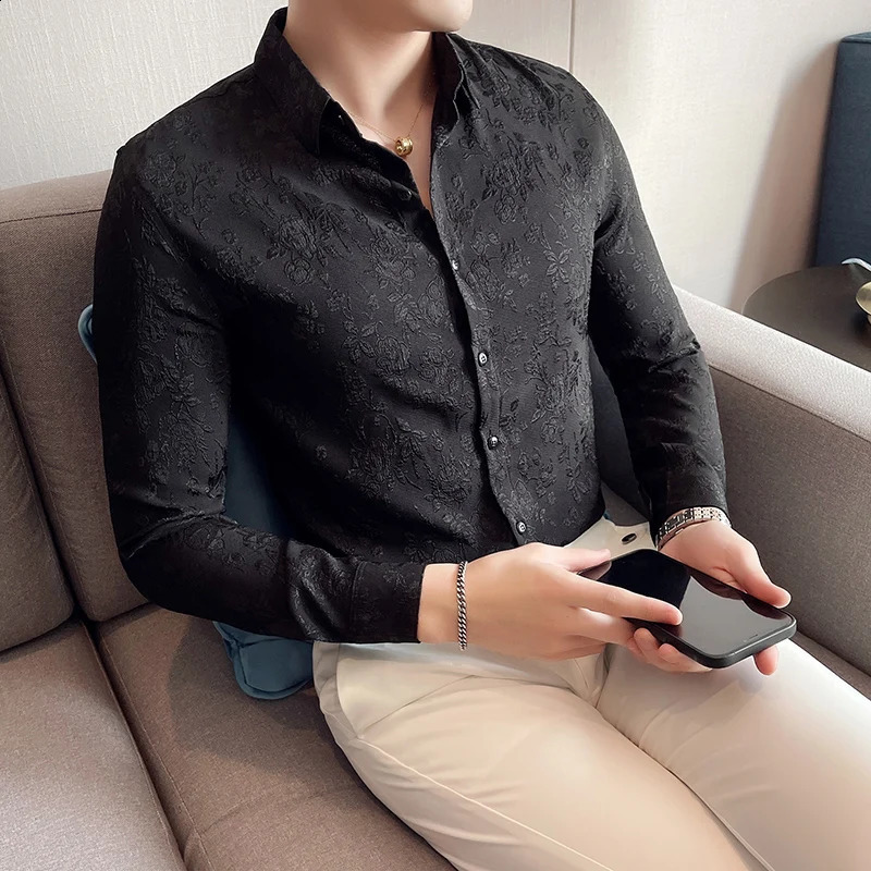 Vintage Jacquard Shirt Spring Long Sleeve Slim Fit Casual Tuxedo Fashion Man Wedding social Shirts Plus Size 4XL-M 240924