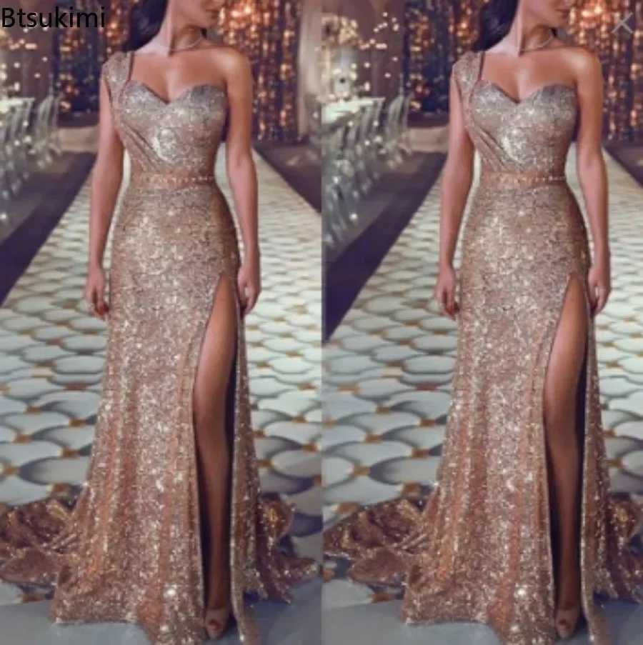 2024 Womens Wedding Party Dress Evening Dress Elegant and Sexy Dp V-neck Single Shoulder Strapless Sparkling Long Dress CL240924