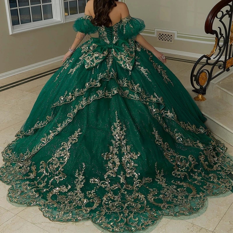Emerald Green Shiny Quinceanera Dresses Ball Gown Off The Shoulder Gold Lace Applique Beads Tull Corset Sweet 16 Vestidos De 15 Anos