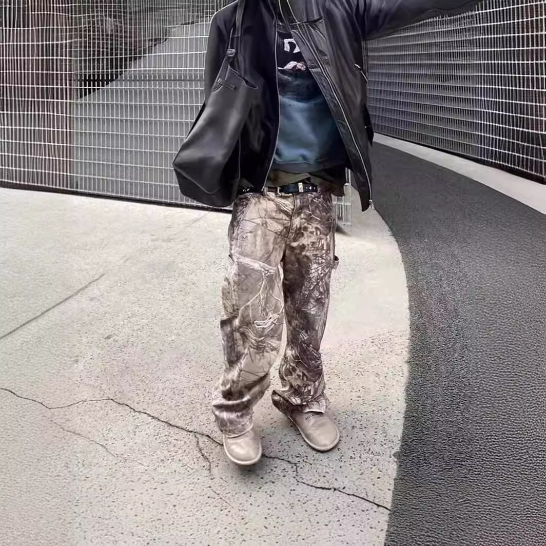 Men's Jeans Resin Leaf Camouflage Torn Loose Work Pants Sweat Men And Women Casual Ripped Pants Hip-hop Streetwear