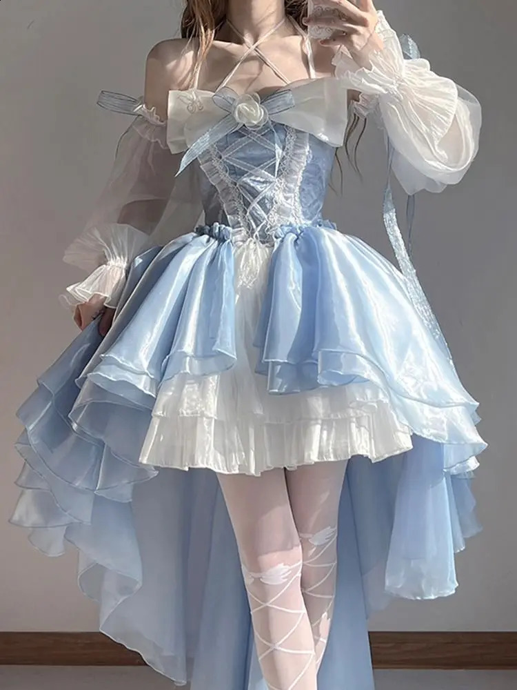 French Romantic Style Lolita Op Elegant Girl Role Playing Princess Puff Sleeves Ribbon Bow Flower Tune Network Dreamy Fairy Dress 240924