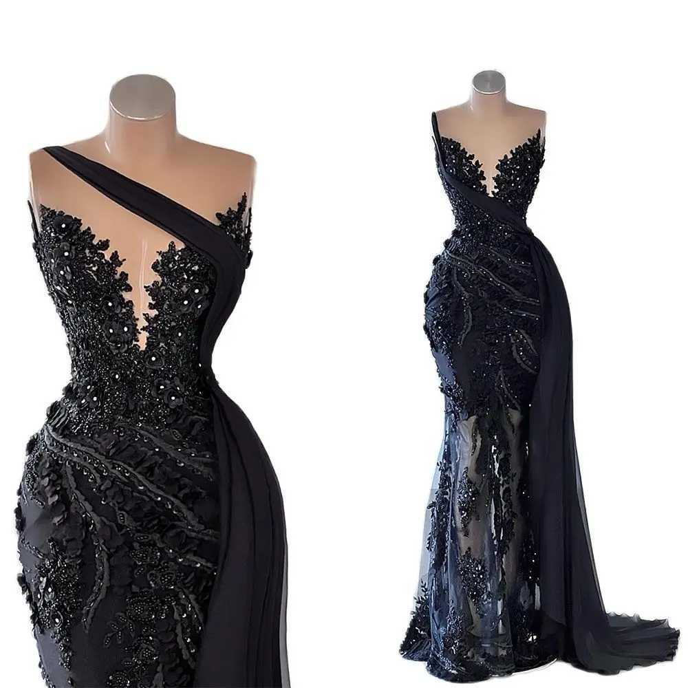 Modern Mermaid Ball Dress with Sexy V-neck Beads Embroidered Lace Customization Detachable Train Formal Party Dress Black W240924