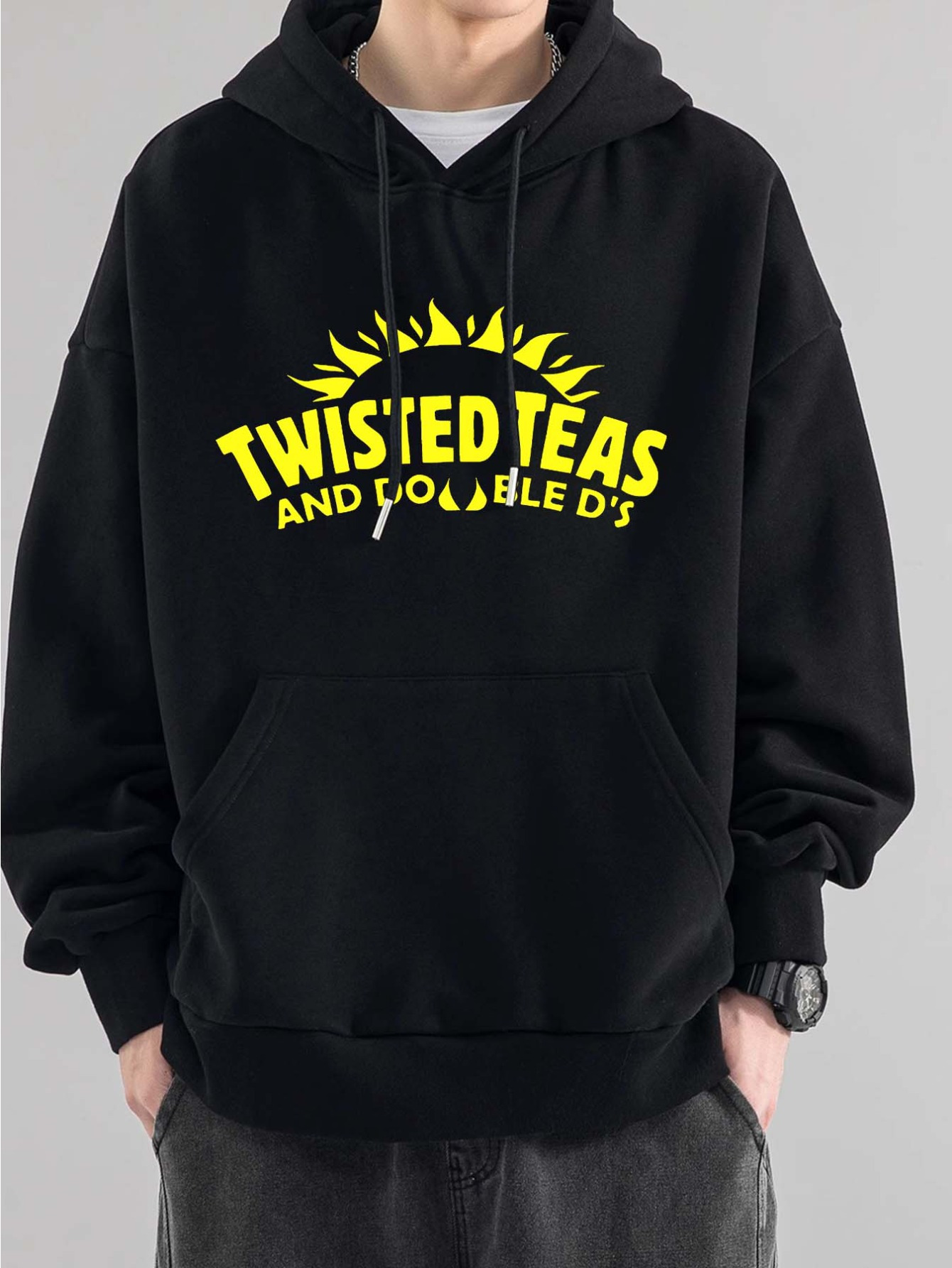 Men's Casual Hoodie with Twisted Teas Graphic - Polyester Knit Fabric, Loose Fit, Hooded Pullover, Slight Stretch, Alphabet Pattern - Sports & Le