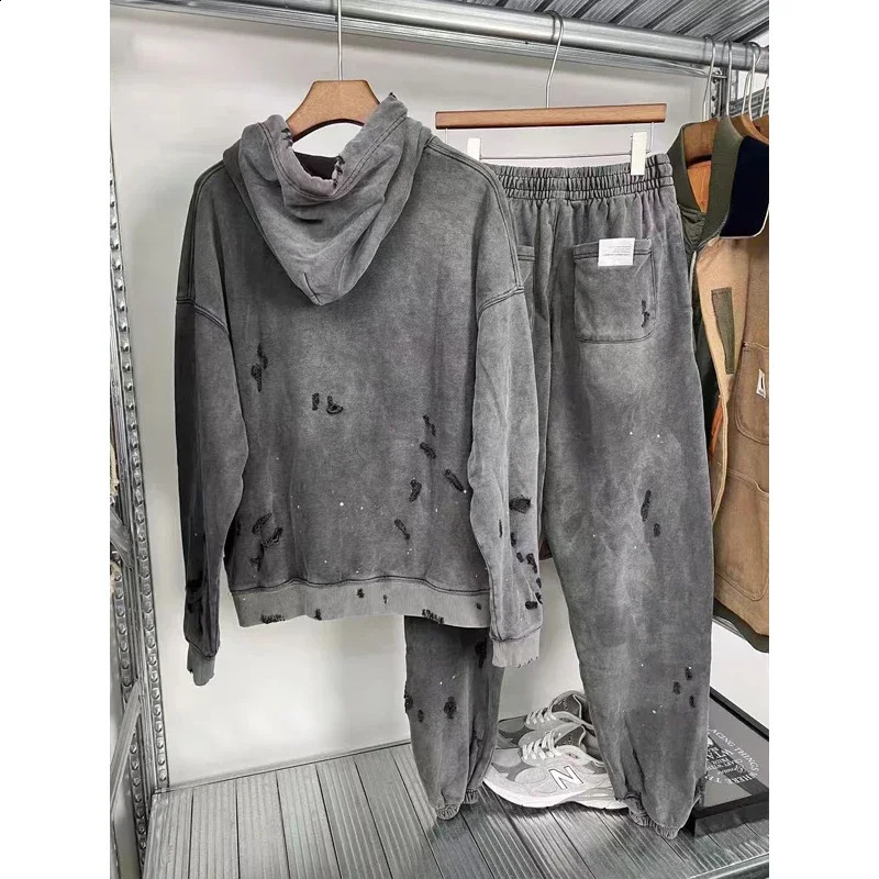 NBHD Hole Damage Track Pants Hoodie Mens Set High Quality Heavy Fabric Retro Wash Splashing Ink Sports Suit JAPAN 240923