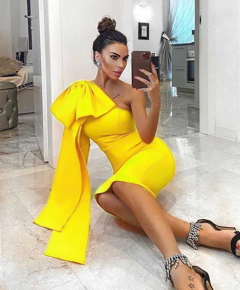 High quality blue orange runway bow single shoulder long sleeved synthetic silk bandage dress cocktail party tight fitting dress vest W240924