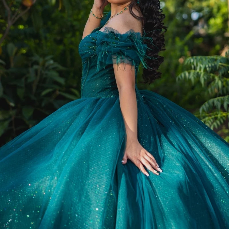 Emerald Green Quinceanera Dresses Ball Gown Off Shoulder Mexico Applique Lace Beads Tull Vestidos De 15 Anos XV Brithday Sweet 16 Dress
