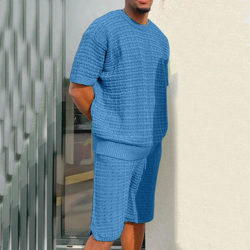Spring Mens Knitted Two Piece Casual O-neck Long sleeved T-shirt Drawstring Pants Set Fashion Mens Clothing Set 240924