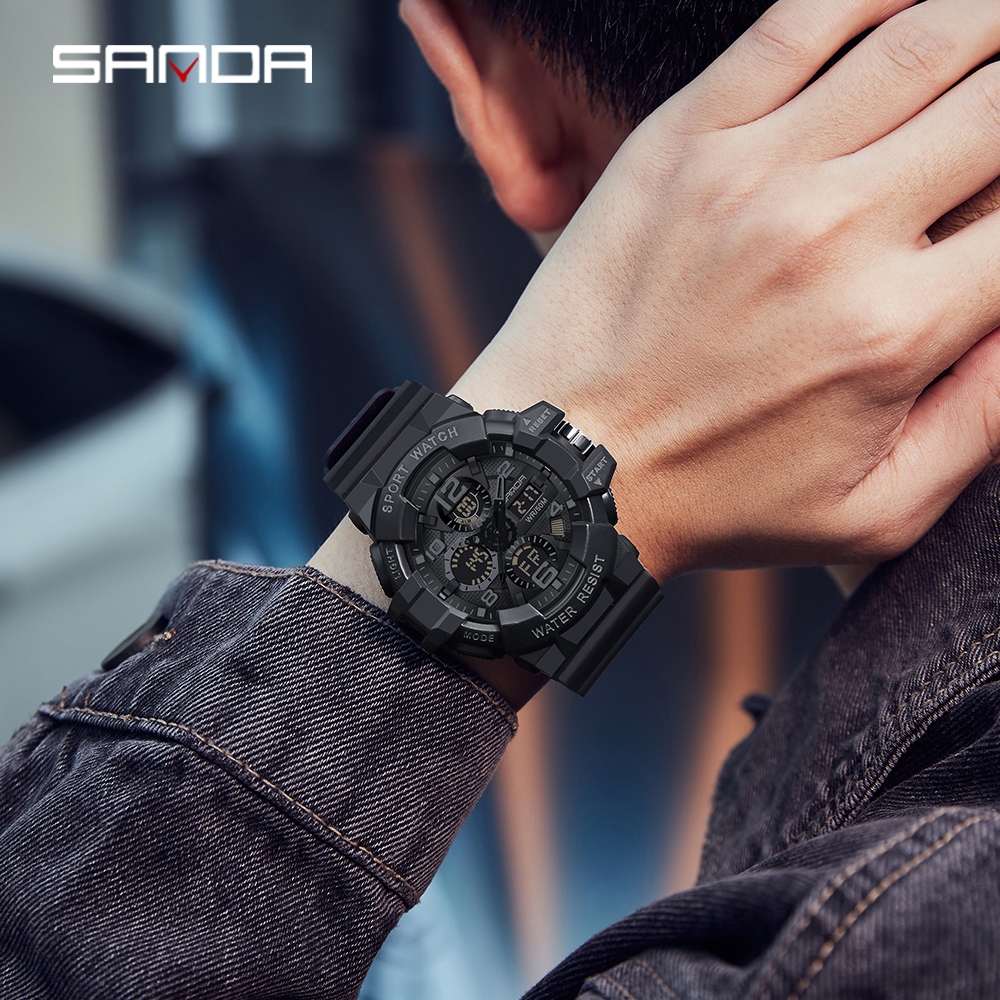SANDA men's military watch black sports watch LED digital 50M waterproof 3168 watch men's multifunctional clock Relogio Masculino 01