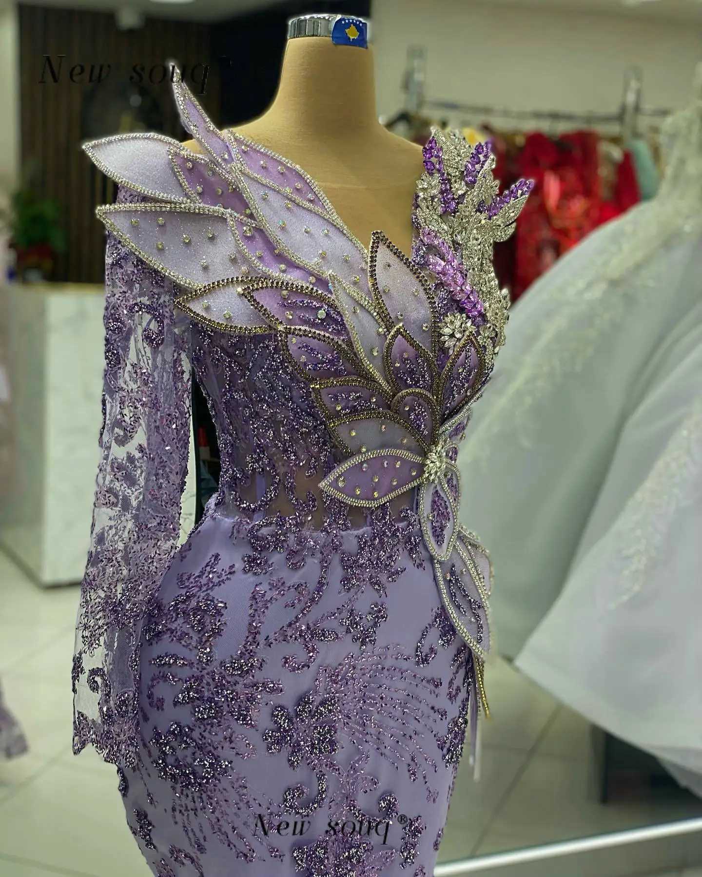 Fashion Design 3D Leaf Purple Single Shoulder Evening Dress Sparkling Formal Mermaid Elegant Crystal Dress Wedding Party Dress W240924