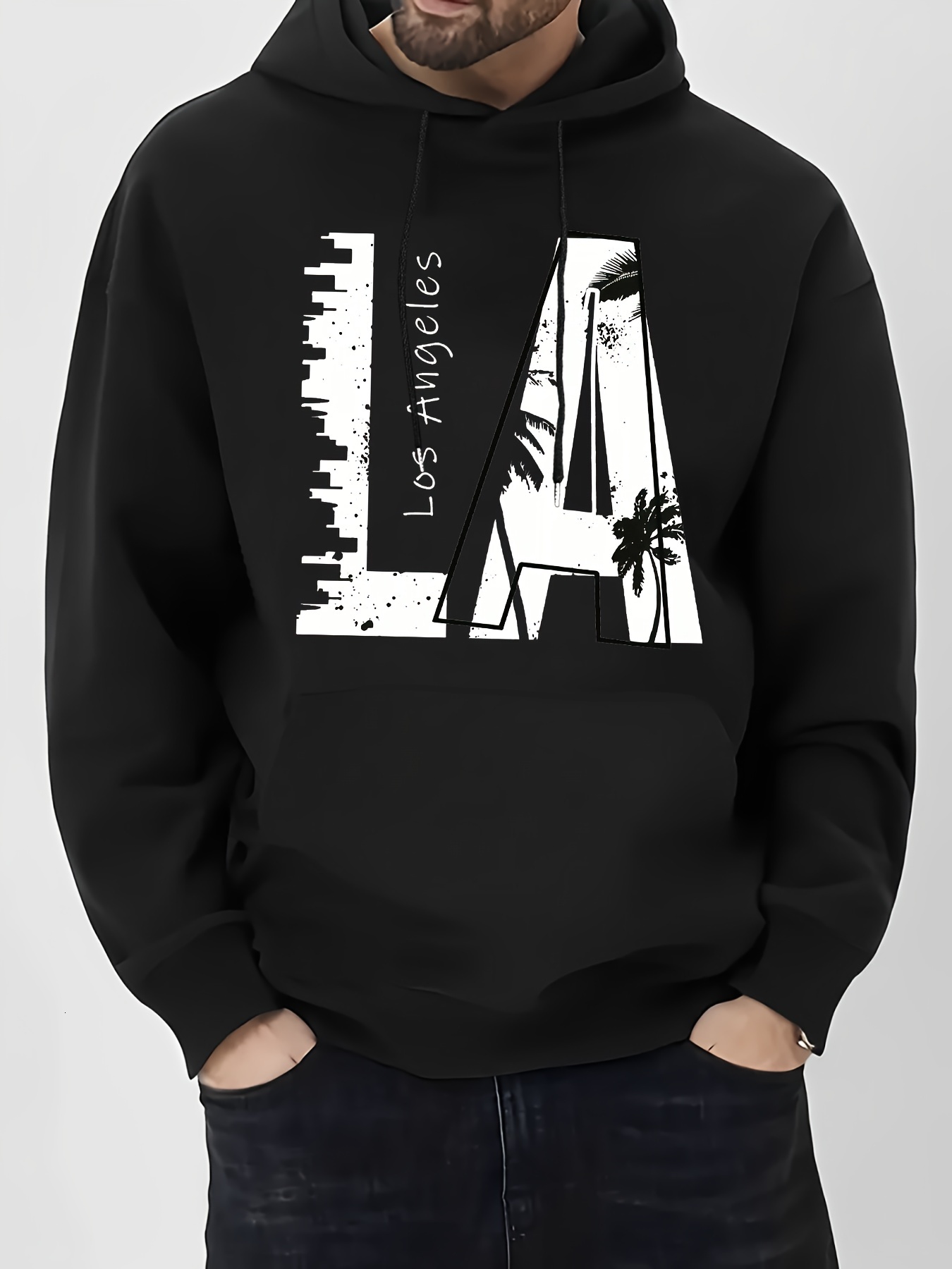 Men's LA Print Casual Hoodie - Fashionable Drawstring Pullover with Kangaroo Pocket, Comfortable Polyester Blend for Fall/Winter