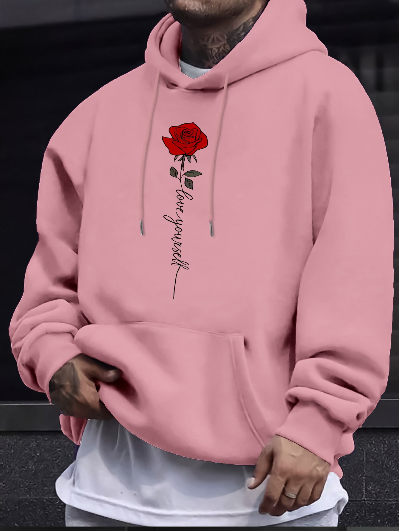 Rose And LOVE YOURSELF Print Men's Trendy Versatile Hoodie, Comfortable Long Sleeved Top, Perfect For Autumn And Winter Daily Commute & Outdoor T