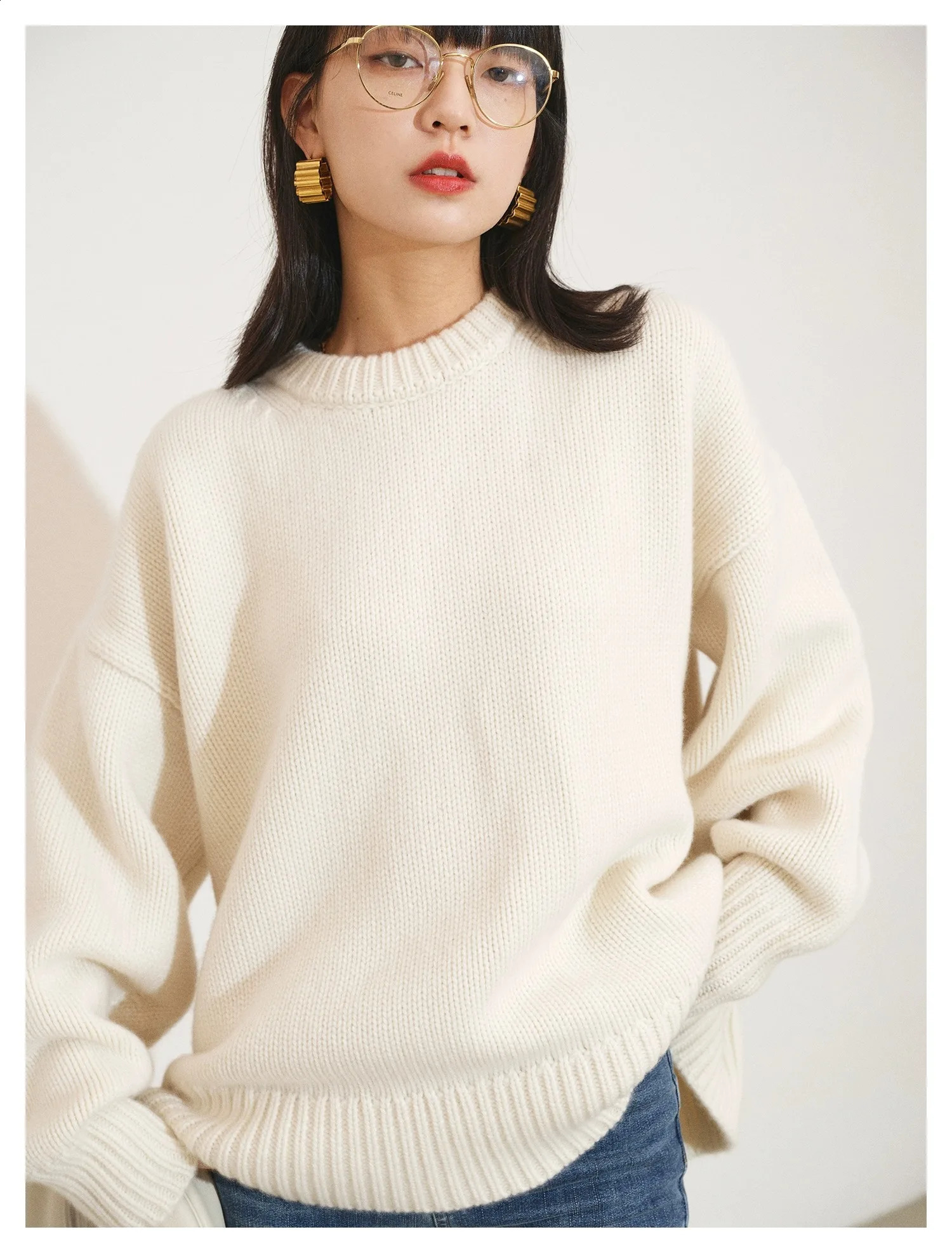 European round neck 100% cashmere sweater womens thick lazy silhouette sweater womens loose knit bottom sweater 240924