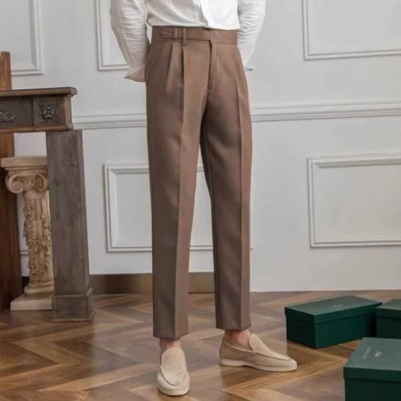 Old Money Aesthetic Mens Suit Trousers Stylish Belt Buttoned High-waisted Pants Men Fall Vintage Solid Color Slim Straight Pants Z240924