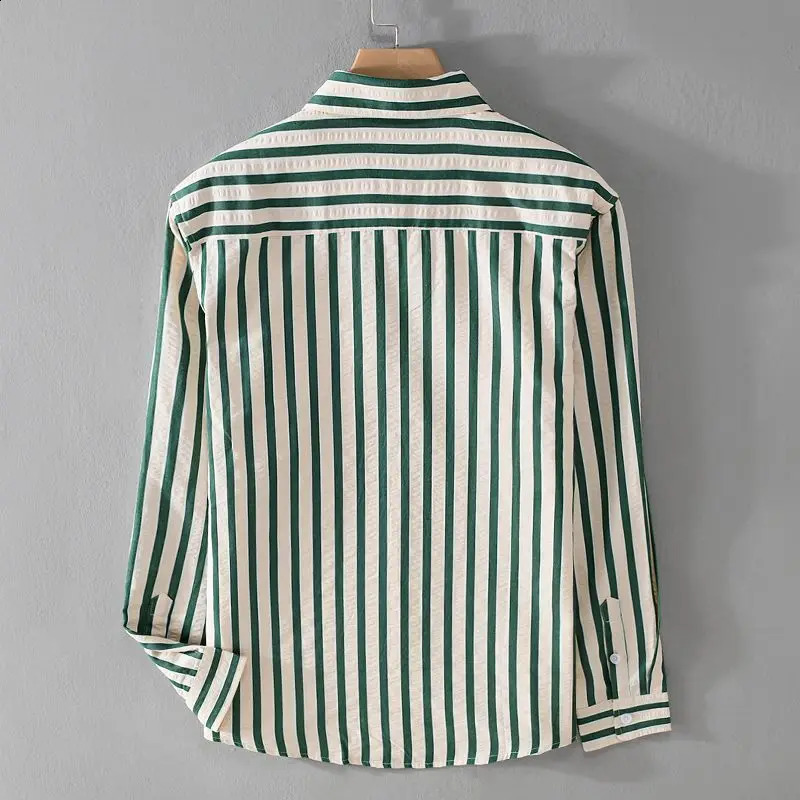 Spring and Autumn Mens Square Neck Button Stripe Pocket Loose Trendy Casual Fashion Elegant Commuting Long sleeved Shirt 240924