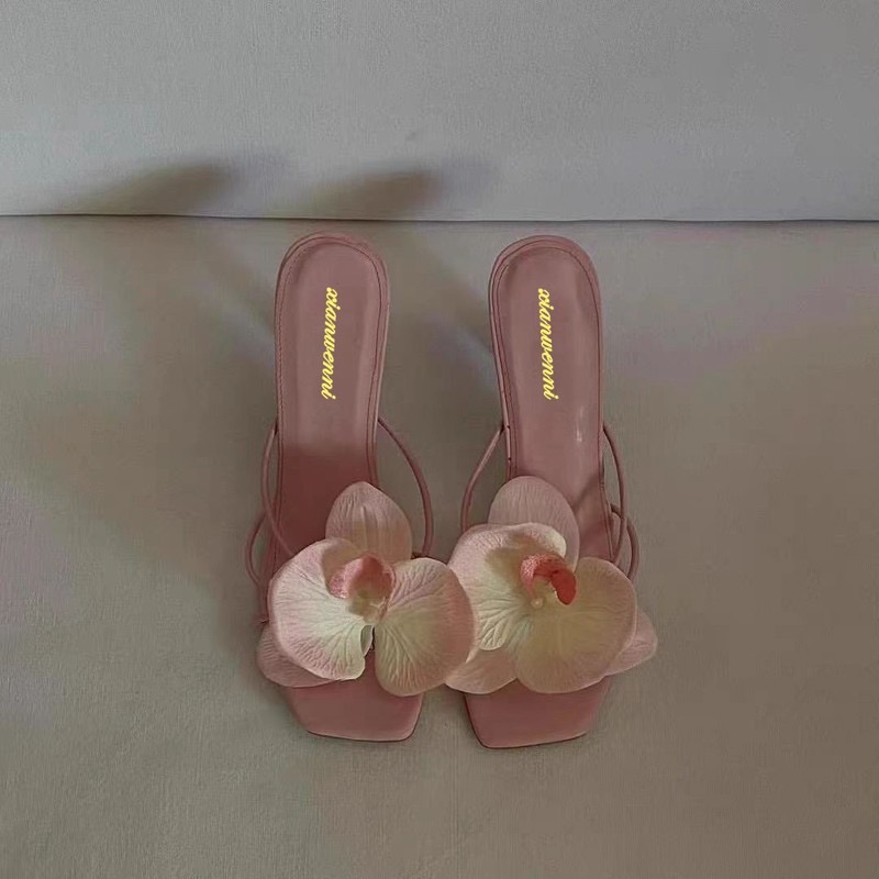 Mixed Colors Womens Slippers Pink Green Decor Square Toe 8Cm Quality High New Heels Summer Sweet Hollow Party Female Shoes Ashoesfactory