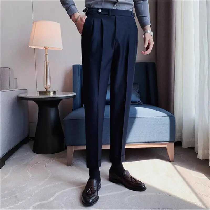 Men Pants Classic Mens Office Trousers Slim Fit High Waist Vintage Pockets for Formal Business Style Elegant Formal Pants M240924