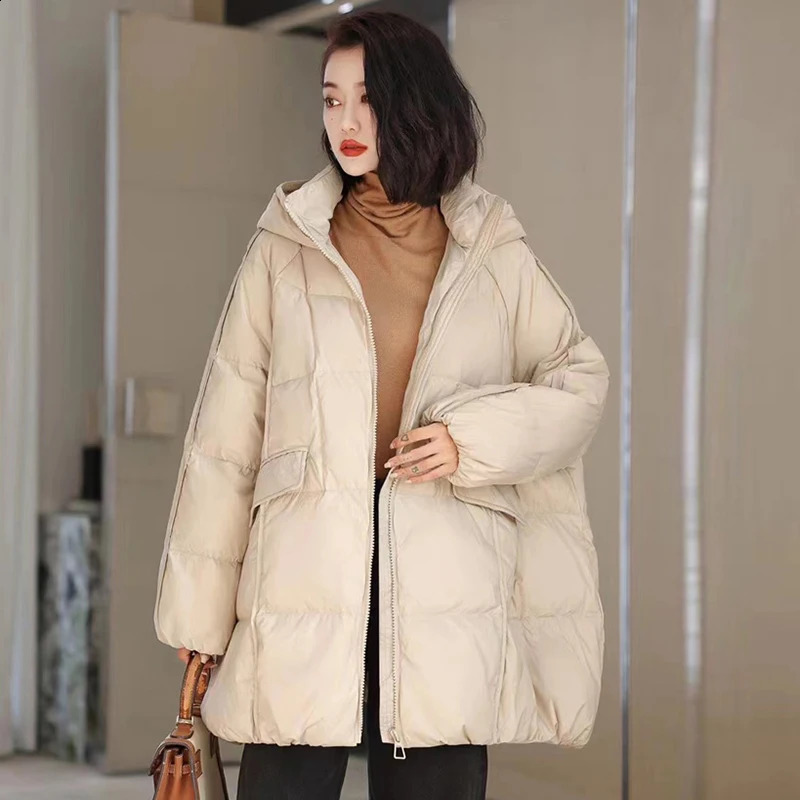 Janveny Women 90 White Duck Down Jacket Hooded Autumn Winter Warm Oversize Puffer Coat Casual Loose Thick Parkas Female Outwear 251022