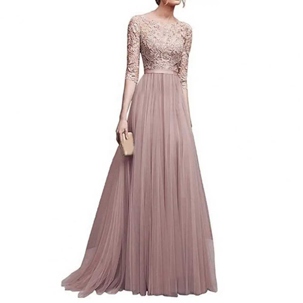 Womens Ball Dress Round Neck Lace Half Slip Tight Waist Floor Length Folded Womens Maxi Evening Dress CL240924