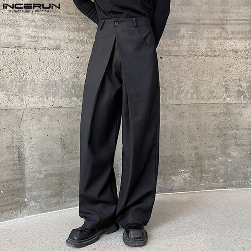 Men Pants Solid Color Button Joggers Loose Streetwear Wide Leg Men Pleated Fashion Casual Long Pants S-5XL INCERUN 240921