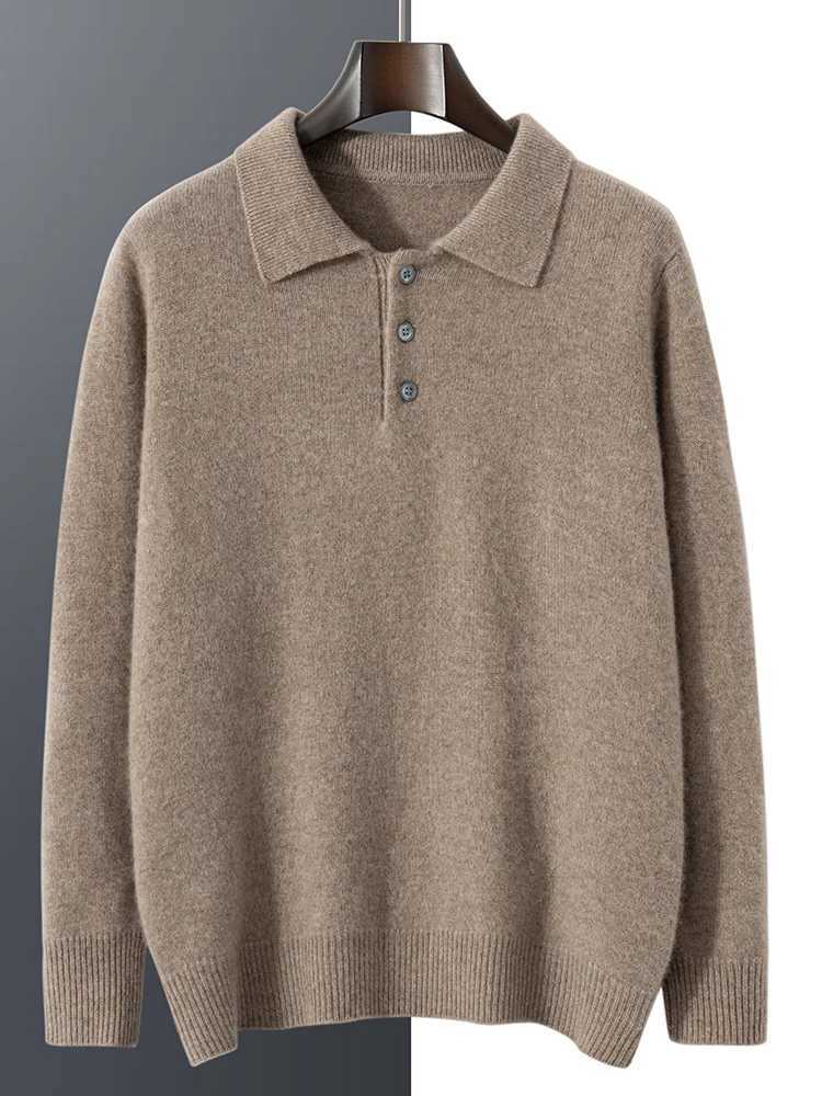 100% Cashmere Mens Polo Collar Pullover Sweater Autumn Solid Business Casual Knitted Loose Large Jacket CL240924