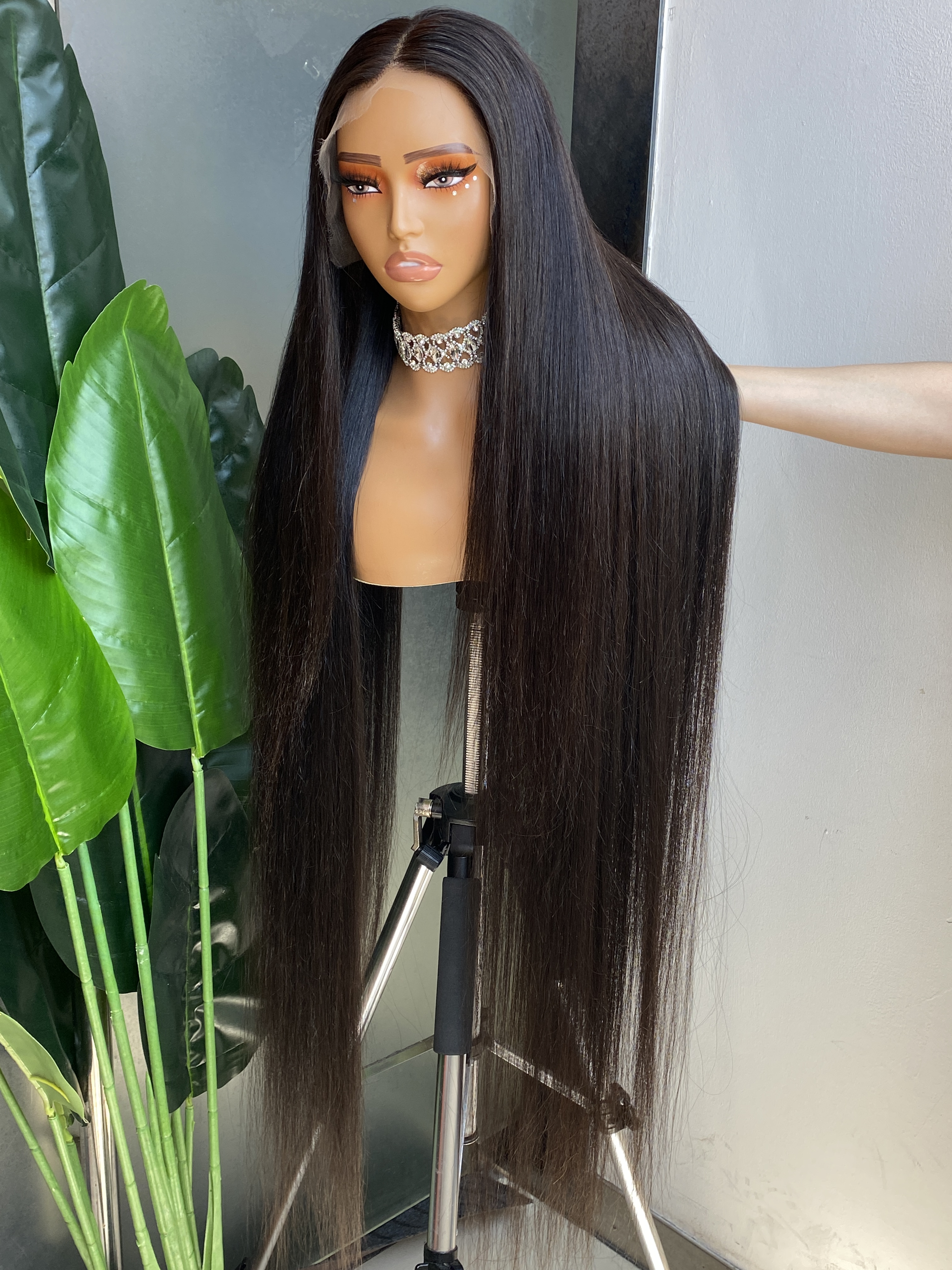 12A Malaysian Peruvian Indian Brazilian Natural Black Silky Straight 13x6 HD Lace Frontal Wig 40 Inch 100% Raw Virgin Remy Human Hair