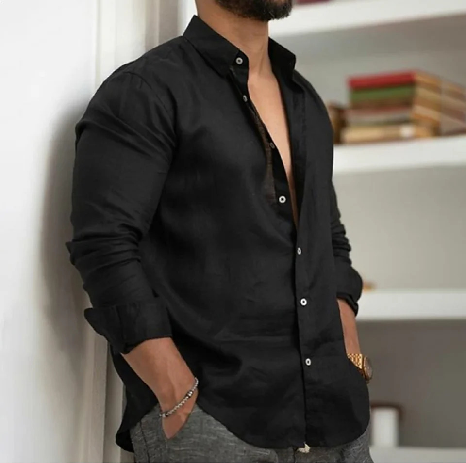 Mens cotton Linen Shirt Button Up Summer Shirt Beach Shirt Long Sleeve Plain Lapel Spring Summer Casual Daily Clothing 240924