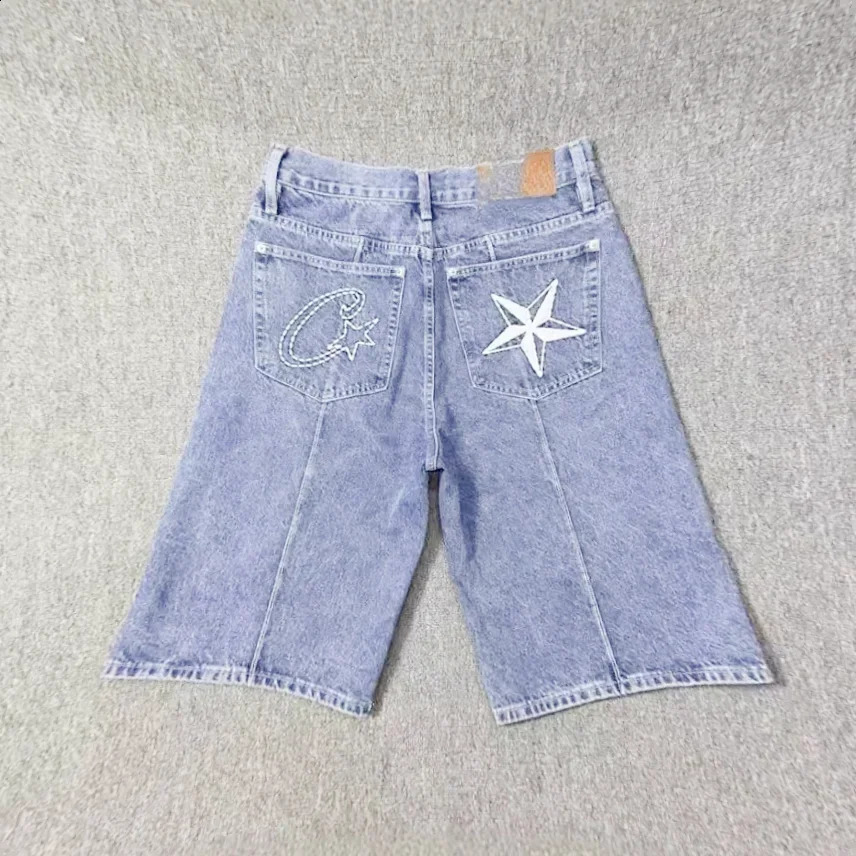 Summer Retro Denim Shorts for Men Star Embroidered Hip Hop Sewing Street Washing Trendy Casual Sports 240924