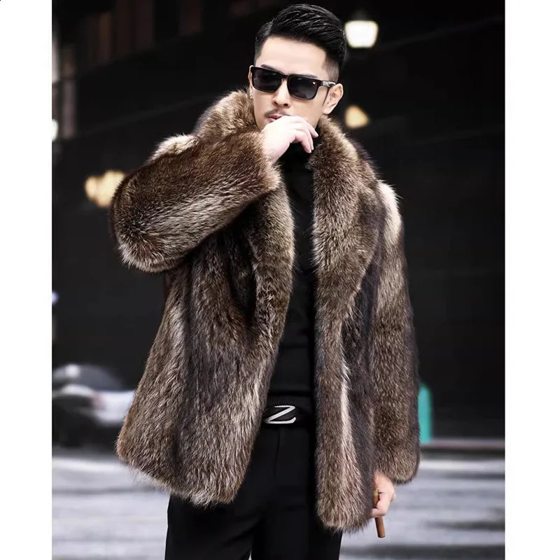 Mens autumn and winter thick Maxi faux fox fur coat jacket long sleeved warm fur black park Bontjas fur furry coat 240924CJ
