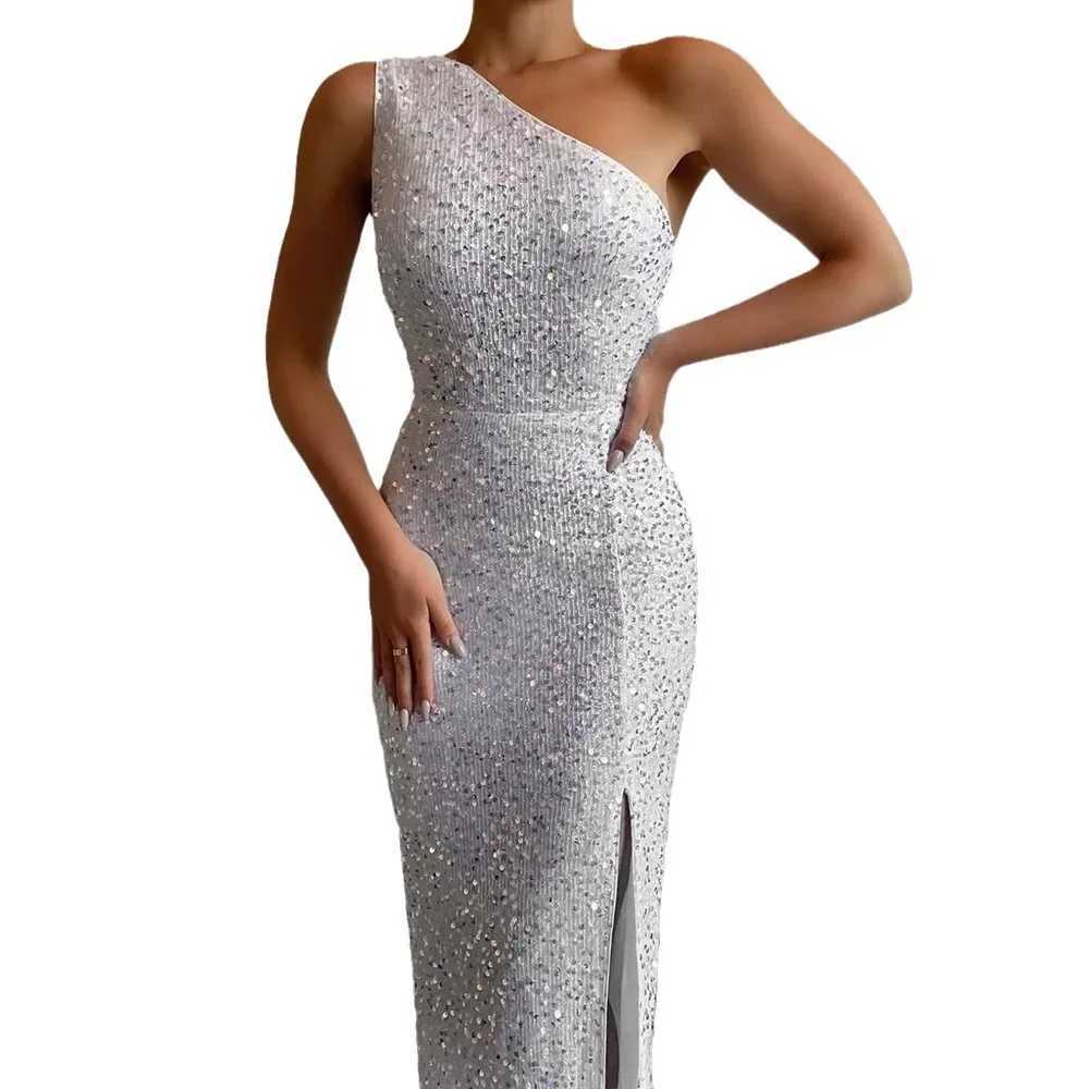 New womens split style dress with one shoulder sequin ultra-thin evening gown CL240924