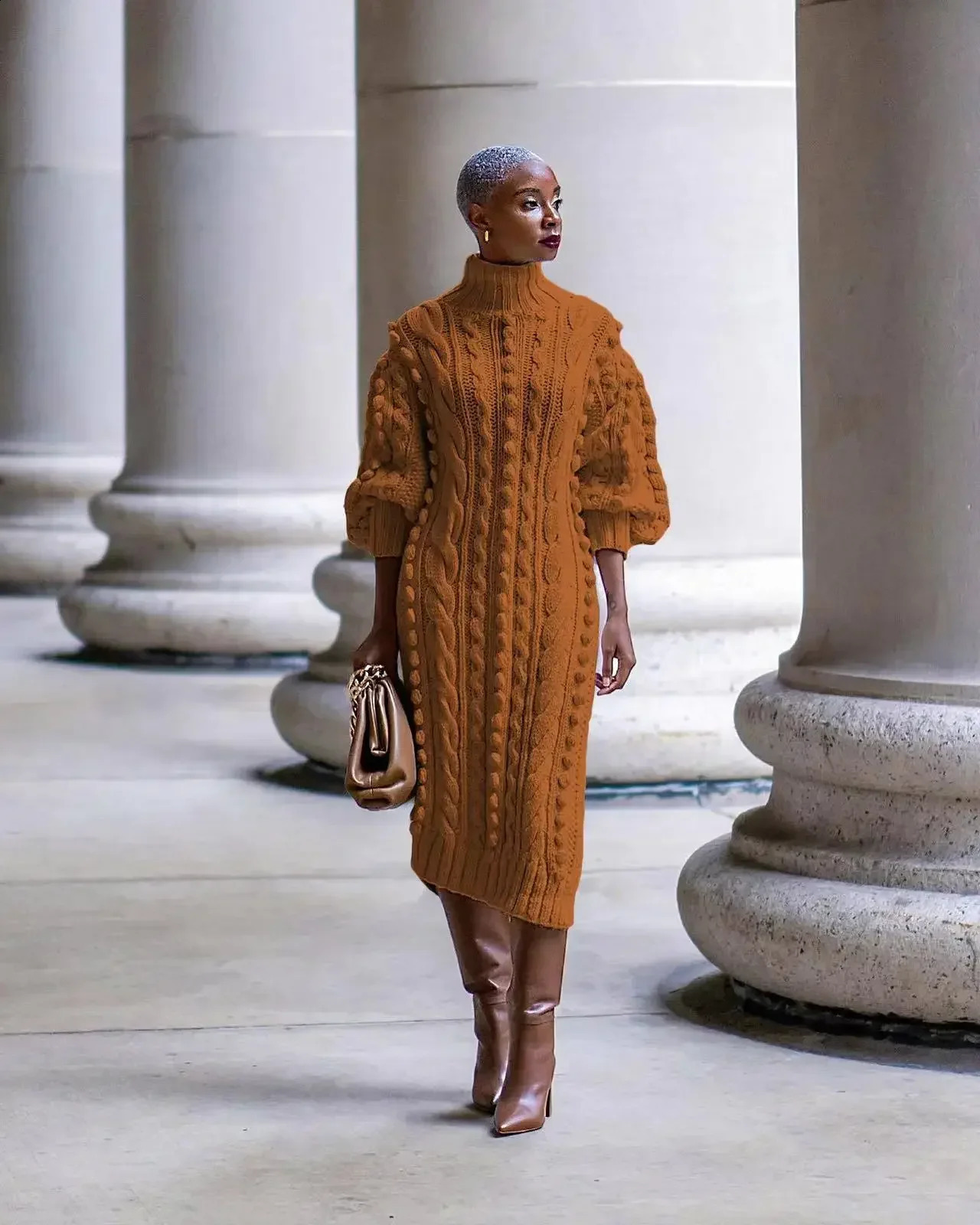 2024 Autumn Women Long Sleeve Turtleneck Knitted Dress Sexy High Split Sweater Dress Casual Warm Winter Thicken Dress Female 240913