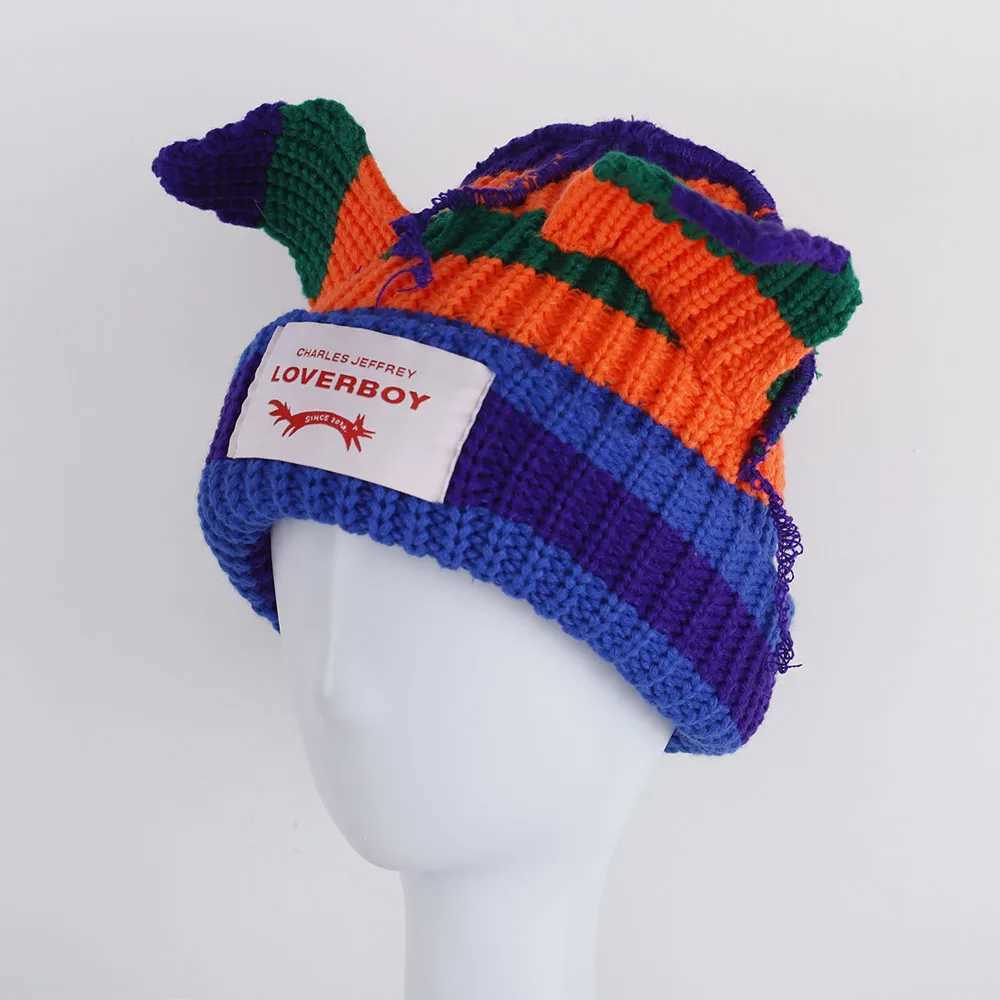 Loverboy cat ear knitted hat double-layer warm pig ear wool hat cute and fashionable hooded niche design hip-hop personality cold hat W240924