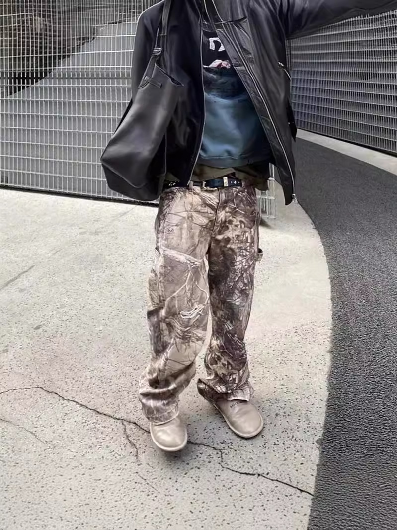 Men's Jeans Resin Leaf Camouflage Torn Loose Work Pants Sweat Men And Women Casual Ripped Pants Hip-hop Streetwear