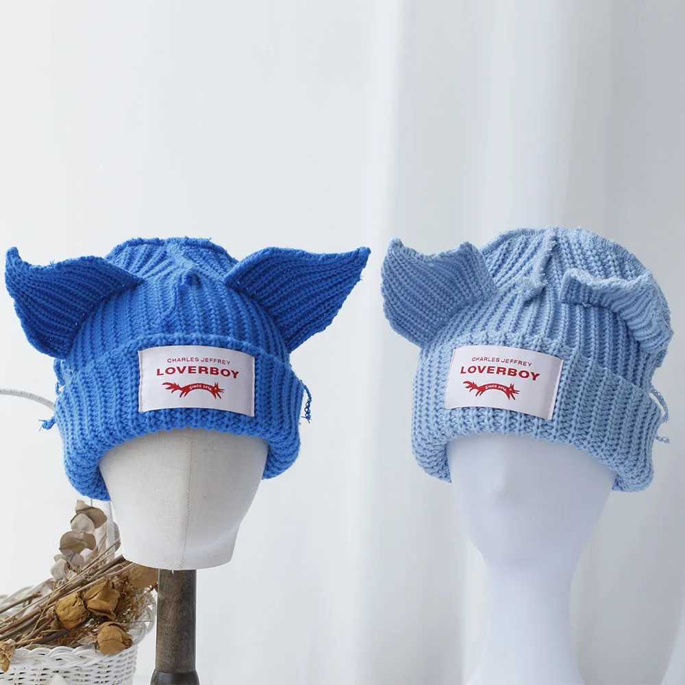 2024 Fashion Lover Boys Cat Ear Knitted Hat Solid Warm Pig Ear Wool Hat Cute Hoodie Design Hip Hop Christmas Gift W240924