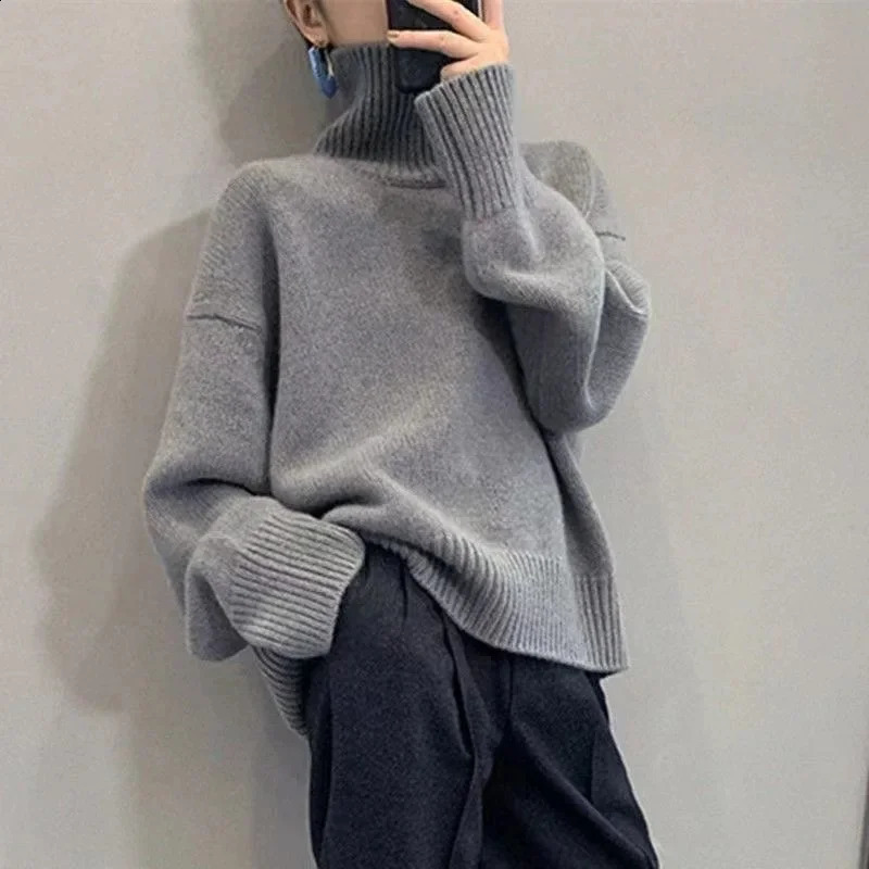 Womens turtle neck sweater large knit autumn and winter latte womens thick skydiving womens long sleeved top 240924