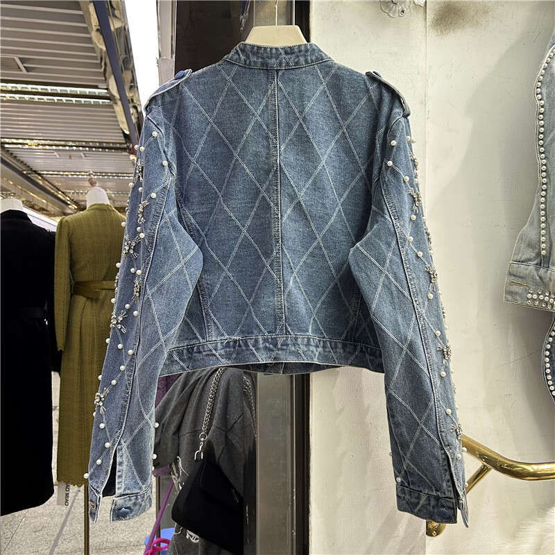 Fashion Beaded Dia Plaid Blue Short Denim Casual Round Neck Single-Breasted Long Sleeve Spring New Women Jeans Jacket