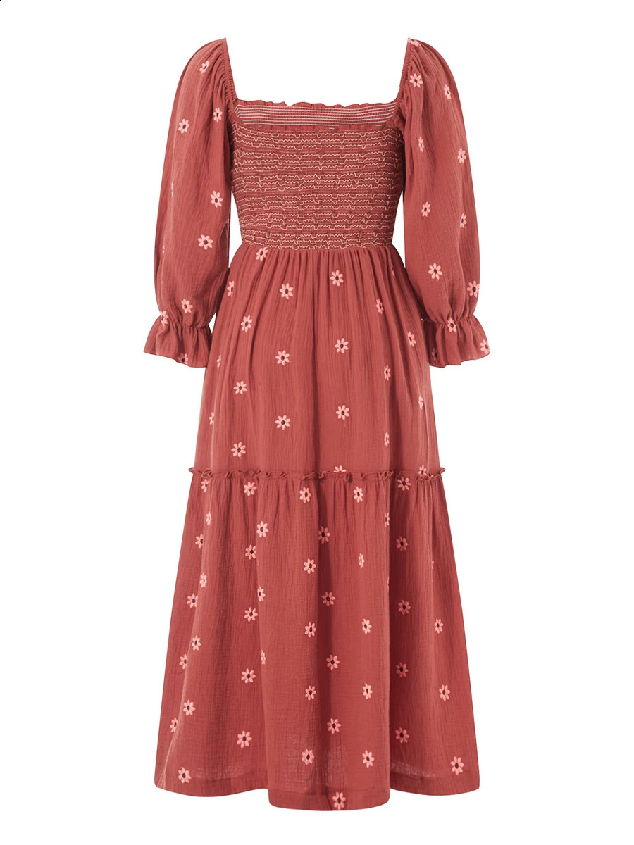 Beach Style Holiday Ruffle Swing A Line Maxi Dress Bohemian Floral Dres Lady Square Neck Long Sleeve Club Party 240923