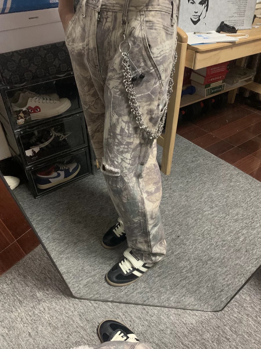 Men's Jeans Resin Leaf Camouflage Torn Loose Work Pants Sweat Men And Women Casual Ripped Pants Hip-hop Streetwear