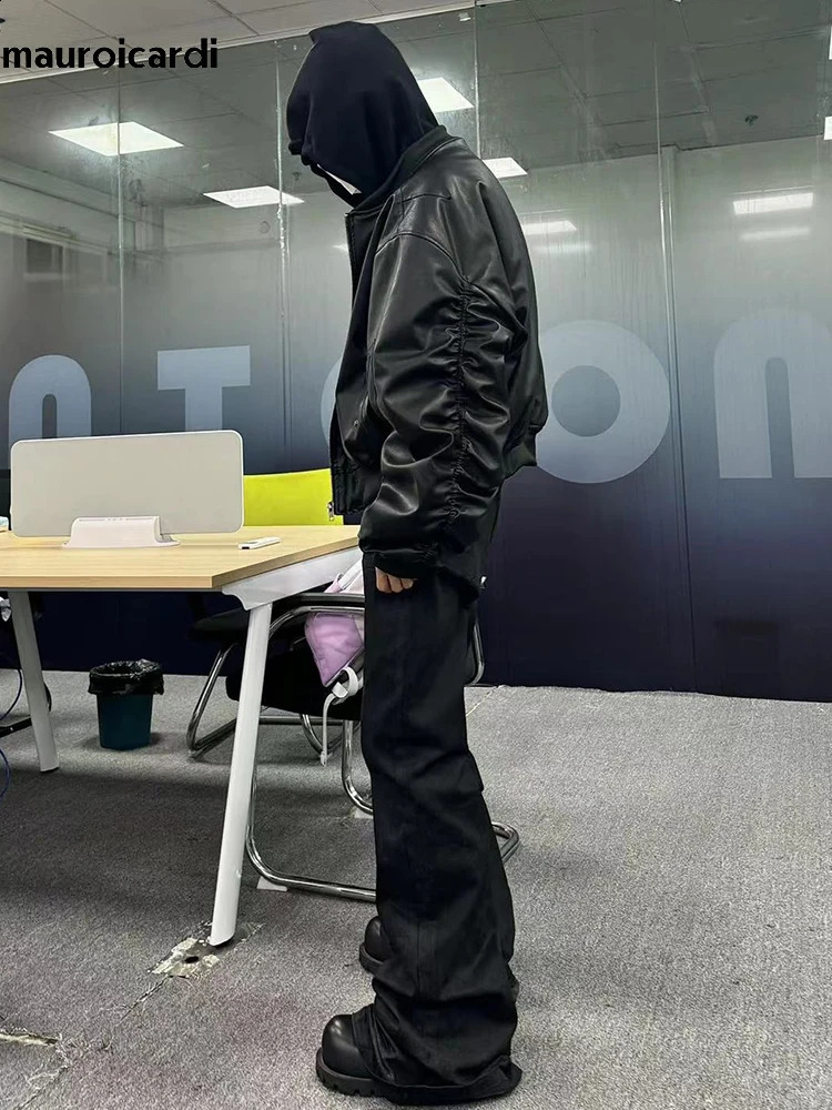 Mauroicardi Autumn Winter Oversized Cool Black Thickened Warm Pu Leather Bomber Jacket Men Hood 2 Clothes 240914