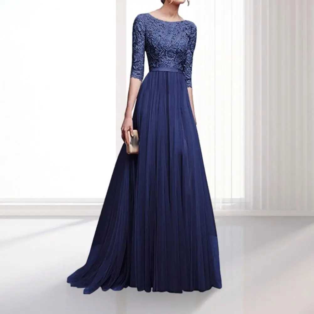 Womens Ball Dress Round Neck Lace Half Slip Tight Waist Floor Length Folded Womens Maxi Evening Dress CL240924