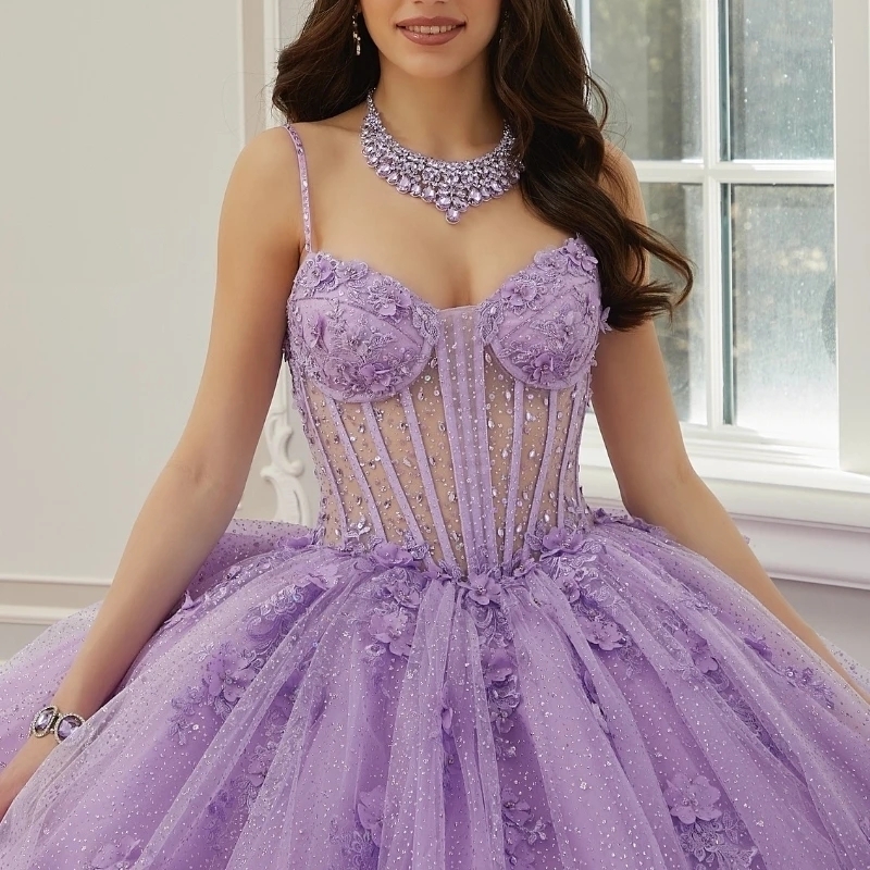 Lavender Sparkly Princess Quinceanera Dresses Spaghetti Strap Applique Beads Tull Corset Gillter Vestido De 15 Anos Sweet 16 Dress