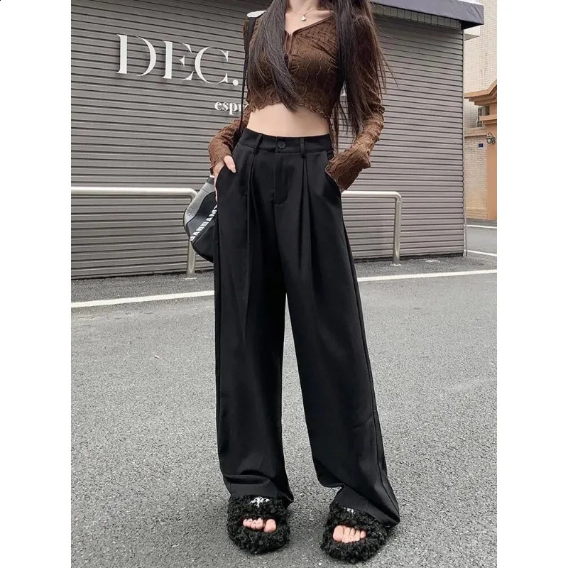 QWEEK Elegant Baggy Gray Suits Pants Woman Oversized Office Ladies Casual Korean Fashion Classical Trousers High Waist Summer 240923