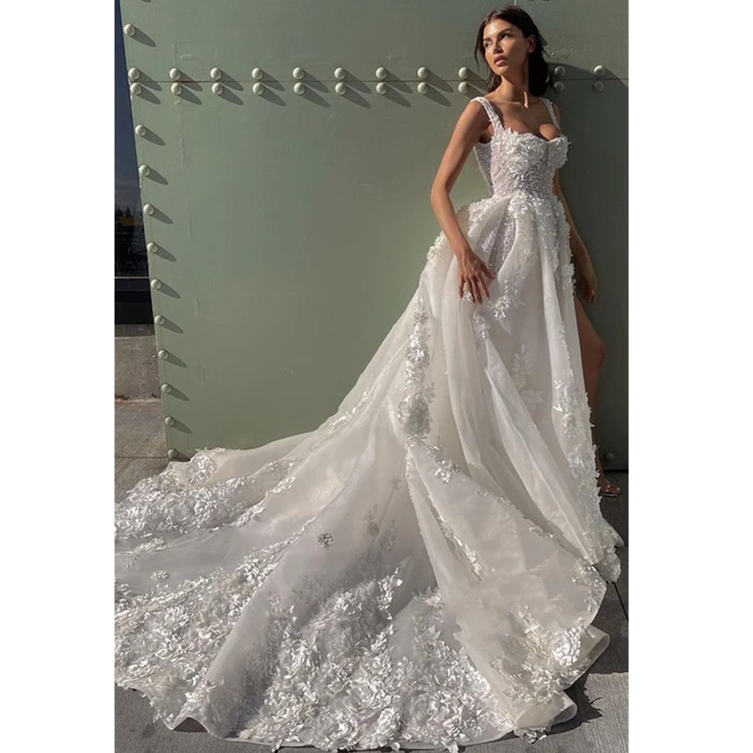 Princess Boho Wedding Dress Women Gorgeous Puff Sleeves Lace Appliques Pleats A-E Bridal Gown Sweep Train 2024 6660312