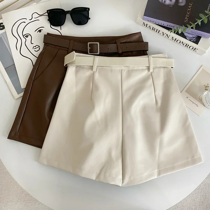 Kimotimo PU Leather Solid Womens Autumn/Winter Retro Belt High Waist Coat Wide Leg Shorts Full Match Clothing 240924 XJ260206