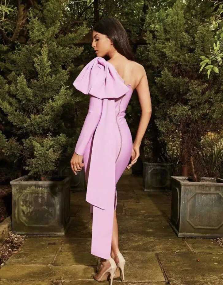 High quality blue orange runway bow single shoulder long sleeved synthetic silk bandage dress cocktail party tight fitting dress vest W240924