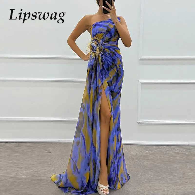 2024 Womens High Seam Chiffon Party Dress Elegant Tube Top Stainless Steel Evening Dress Cocktail Pattern Printing Formal Occasion Dress CL240924