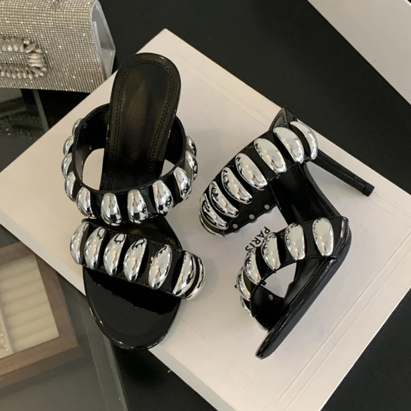 Sexy high heels womens metal buckle slim highheeled sandals open toe party dress fashionable slider women 241028