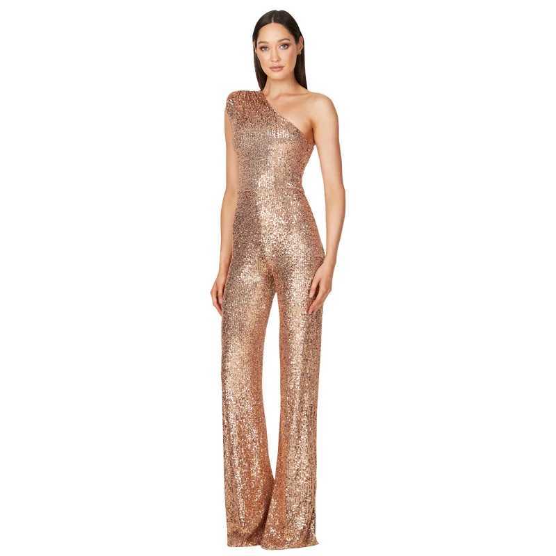 Womens one shoulder evening gown jumpsuit sleeveless sequin club party pants high waisted suit club uniform W240924