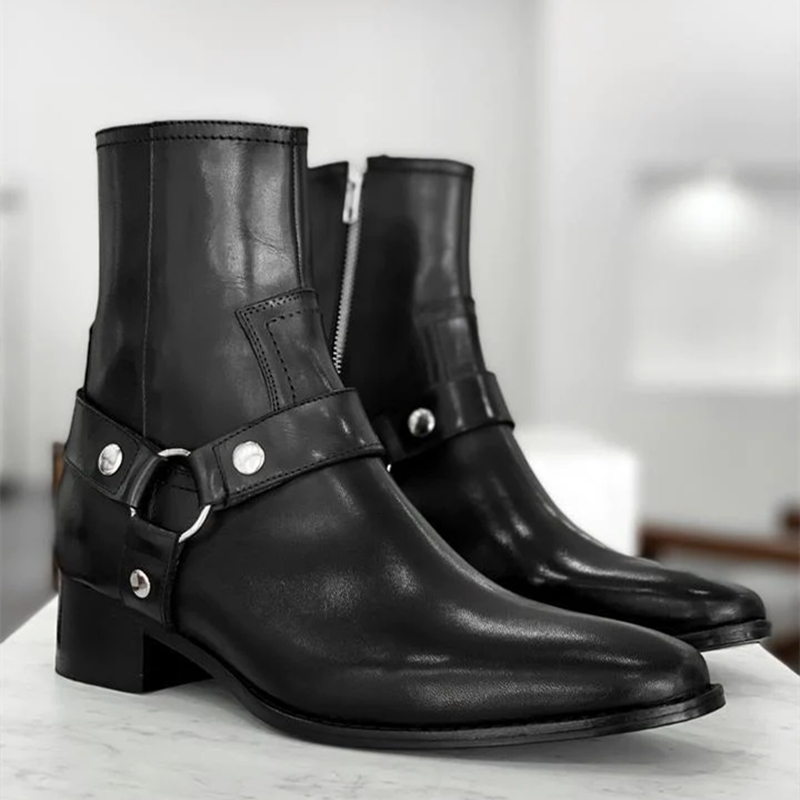 Black Men's Short Genuine Leather Zip Business Low-Heeled Handmade Ankle Boots For Men Fashion Work Punk Atos Hombre