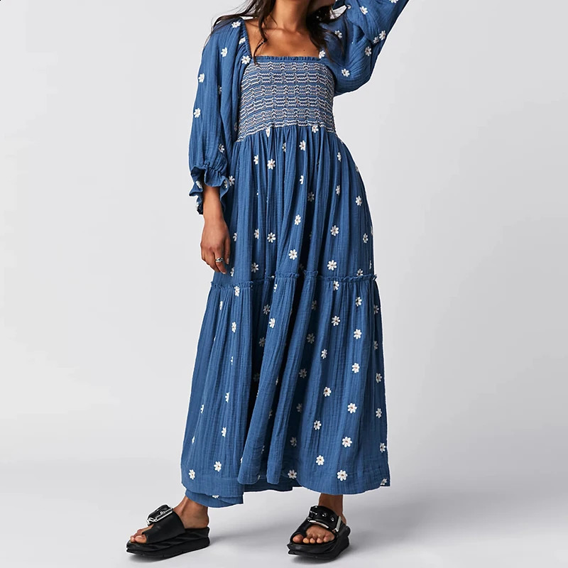Beach Style Holiday Ruffle Swing A Line Maxi Dress Bohemian Floral Dres Lady Square Neck Long Sleeve Club Party 240923