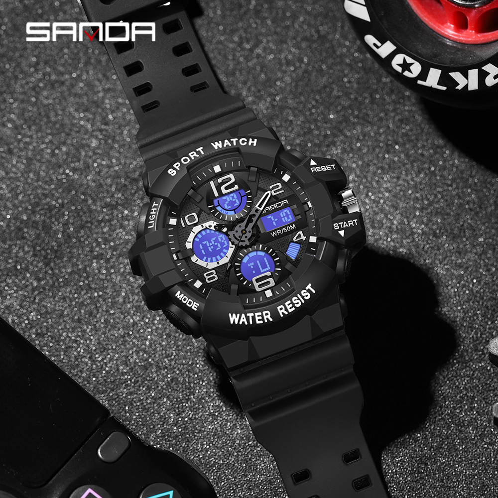 SANDA men's military watch black white sports watch LED digital 50M waterproof 3168 watch men's multifunctional clock Relogio Masculino 01